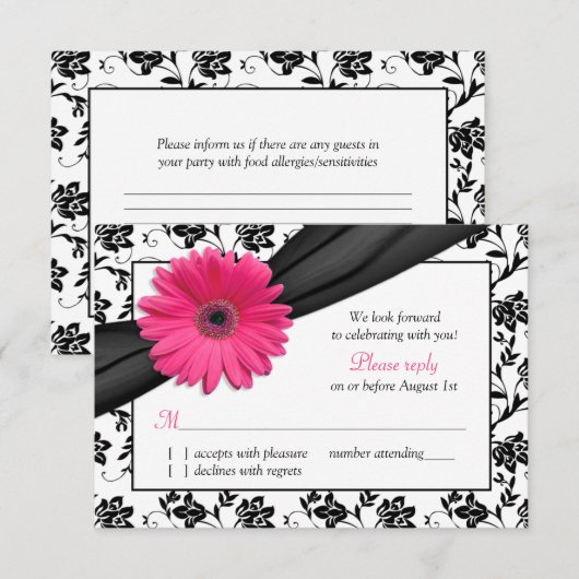 Roze Daisy Zwart Wit Bloemen Damast Bruiloft RSVP (Voorkant / Achterkant)