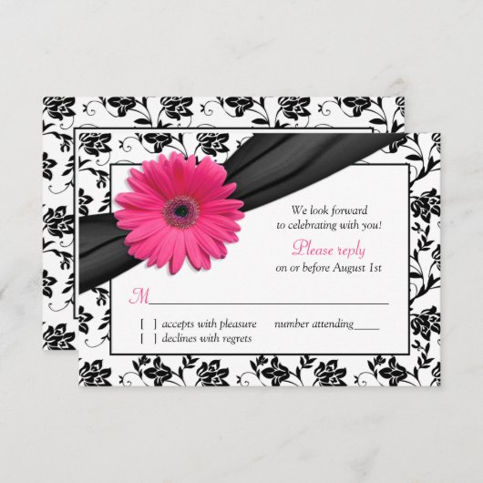Roze Daisy Zwart Wit Bloemen Damast Bruiloft RSVP (Voorkant / Achterkant)