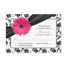 Roze Daisy Zwart Wit Bloemen Damast Bruiloft RSVP