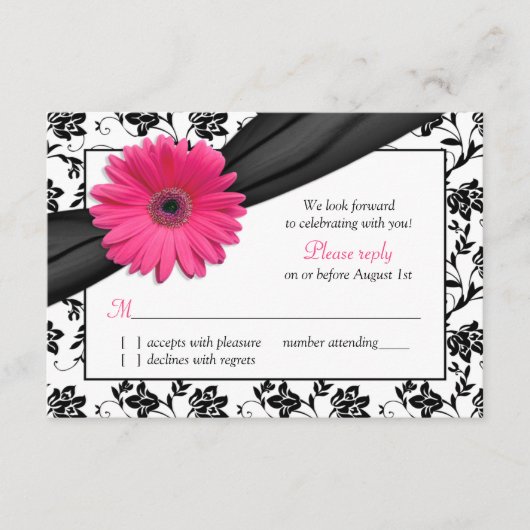 Roze Daisy Zwart Wit Bloemen Damast Bruiloft RSVP (Voorkant)