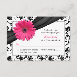 Roze Daisy Zwart Wit Bloemen Damast Bruiloft RSVP Kaartje