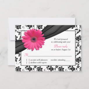 Roze Daisy Zwart Wit Bloemen Damast Bruiloft RSVP Kaartje