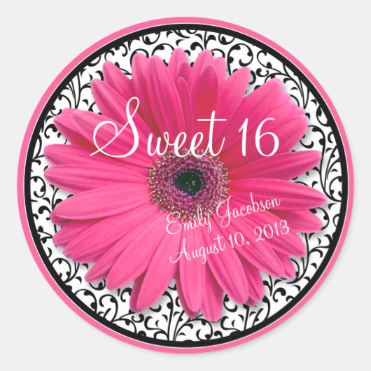 Roze Daisy Zwart Wit Bloemen Zoet 16 Verjaardag Ronde Sticker (Voorkant)