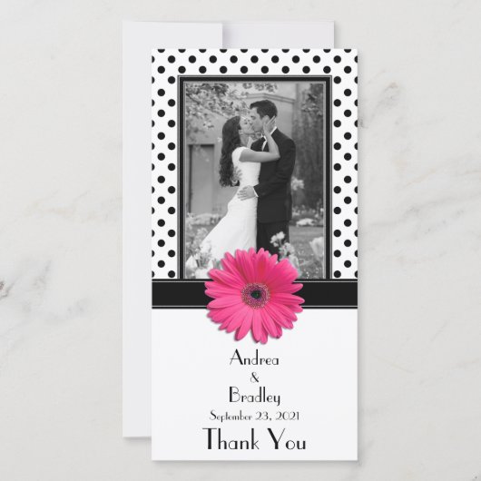Roze Daisy Zwart Wit Polka Dot Bruiloft Fotokaart Bedankkaart (Voorkant)