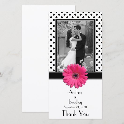 Roze Daisy Zwart Wit Polka Dot Bruiloft Fotokaart Bedankkaart (Voorkant / Achterkant)