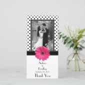 Roze Daisy Zwart Wit Polka Dot Bruiloft Fotokaart Bedankkaart (Staand voorkant)