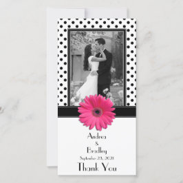 Roze Daisy Zwart Wit Polka Dot Bruiloft Fotokaart Bedankkaart
