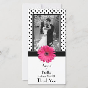 Roze Daisy Zwart Wit Polka Dot Bruiloft Fotokaart Bedankkaart