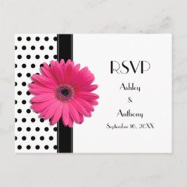 Roze Daisy Zwart Wit Polka Dot Bruiloft RSVP Uitnodiging Briefkaart