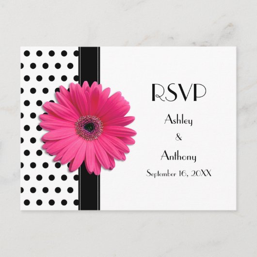 Roze Daisy Zwart Wit Polka Dot Bruiloft RSVP Uitnodiging Briefkaart (Voorkant)