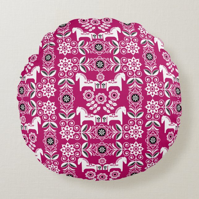 Roze Dala Zweeds Paard Print Rond Kussen (Voorkant)