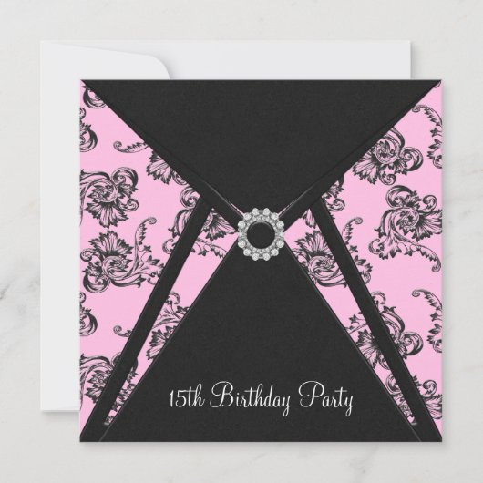 Roze Damask 15e verjaardagsfeest uitnodiging (Voorkant)