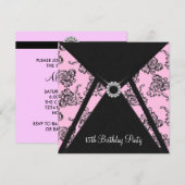 Roze Damask 15e verjaardagsfeestje uitnodiging (Voorkant / Achterkant)