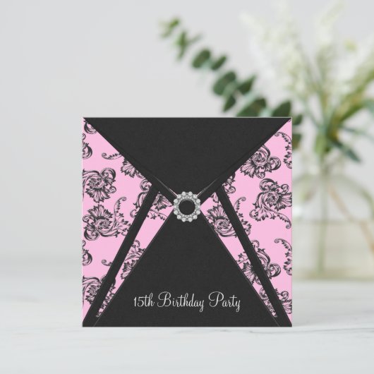 Roze Damask 15e verjaardagsfeestje uitnodiging (Staand voorkant)