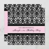 Roze Damask 21e Birthday Party Invitations Kaart (Voorkant / Achterkant)