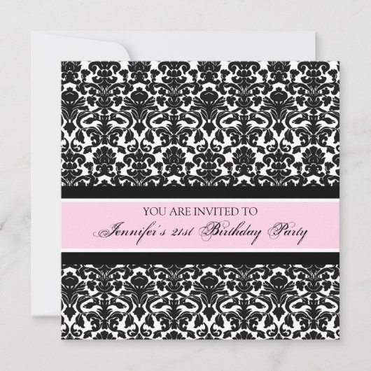 Roze Damask 21e Birthday Party Invitations Kaart (Voorkant)