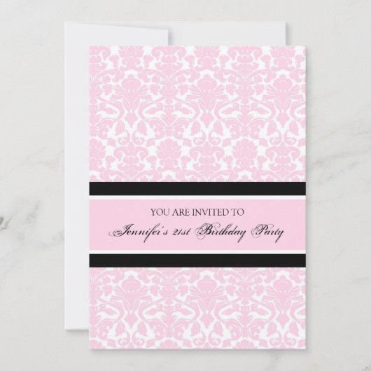 Roze Damask 21e Birthday Party Invitations Kaart (Voorkant)