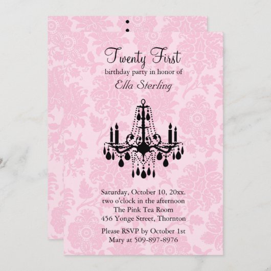 Roze Damask 21ste verjaardag Uitnodiging (Voorkant / Achterkant)