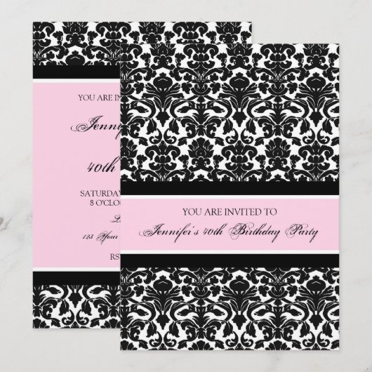 Roze Damask 40e Birthday Party Kaart (Voorkant / Achterkant)