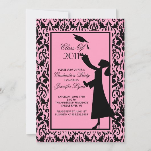 Roze Damask Afstuderen Invitation Silhouette Afstu Kaart (Voorkant)