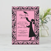 Roze Damask Afstuderen Invitation Silhouette Afstu Kaart (Staand voorkant)