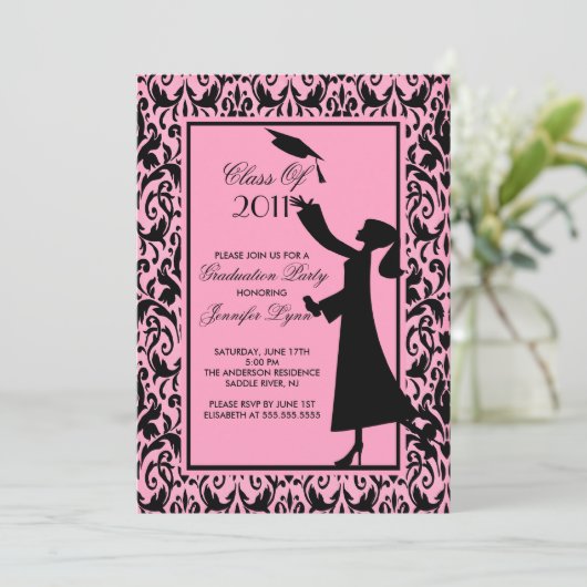 Roze Damask Afstuderen Invitation Silhouette Afstu Kaart (Staand voorkant)