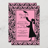 Roze Damask Afstuderen Invitation Silhouette Afstu Kaart (Voorkant / Achterkant)
