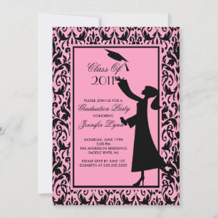 Roze Damask Afstuderen Invitation Silhouette Afstu Kaart