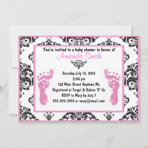 Roze Damask Baby Feet Girl Baby Shower Invitations Kaart