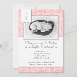 Roze Damask Baby Girl Baptisme Invitation Kaart