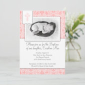 Roze Damask Baby Girl Baptisme Invitation Kaart (Staand voorkant)