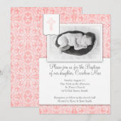 Roze Damask Baby Girl Baptisme Invitation Kaart (Voorkant / Achterkant)