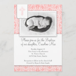 Roze Damask Baby Girl Baptisme Invitation Kaart
