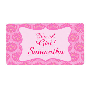 Roze Damask Baby Girl Name Persoonlijke geboorte Etiket