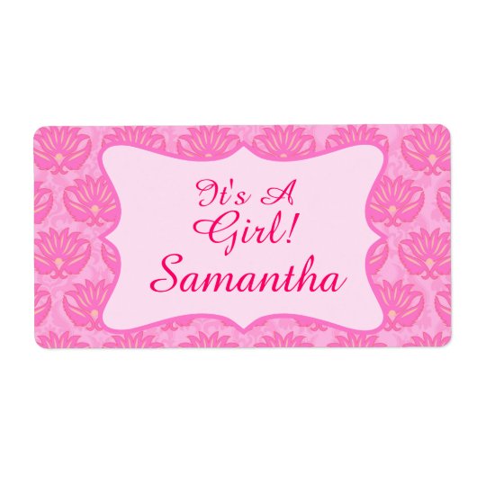 Roze Damask Baby Girl Name Persoonlijke geboorte Etiket (Voorkant)