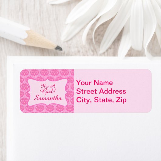 Roze Damask Baby Girl Name Persoonlijke geboorte Etiket (Insitu)