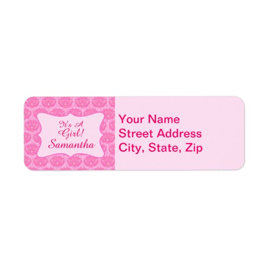 Roze Damask Baby Girl Name Persoonlijke geboorte Etiket (Voorkant)