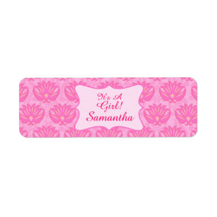 Roze Damask Baby Girl Name Persoonlijke geboorte Etiket