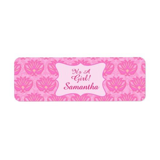 Roze Damask Baby Girl Name Persoonlijke geboorte Etiket (Voorkant)