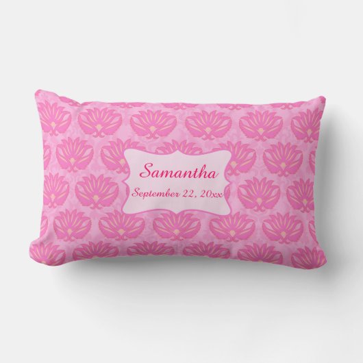 Roze Damask Baby Girl Name Persoonlijke geboorte Kussen (Voorkant)