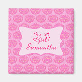 Roze Damask Baby Girl Name Persoonlijke geboorte Magneet (Voorkant)