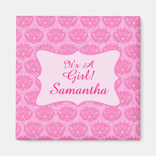 Roze Damask Baby Girl Name Persoonlijke geboorte Magneet