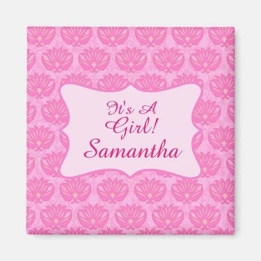 Roze Damask Baby Girl Name Persoonlijke geboorte Magneet (Voorkant)