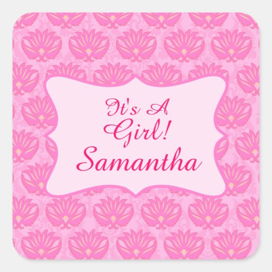 Roze Damask Baby Girl Name Persoonlijke geboorte Vierkante Sticker (Voorkant)