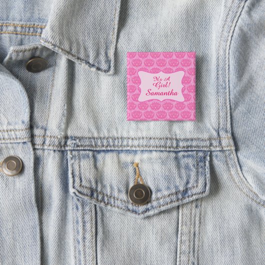 Roze Damask Baby Girl Persoonlijke badge Vierkante Button 5,1 Cm (In situ)