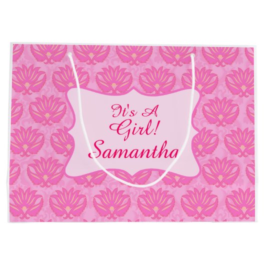 Roze Damask Baby is een meisjesnaam op persoonlijk Groot Cadeauzakje (Achterkant)
