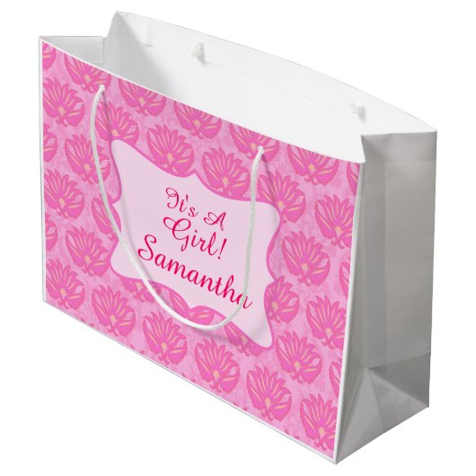 Roze Damask Baby is een meisjesnaam op persoonlijk Groot Cadeauzakje (Achterkant Gekanteld)