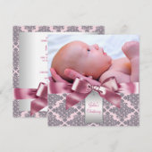 Roze Damask Baby Meisje Foto Doop Kaart (Voorkant / Achterkant)