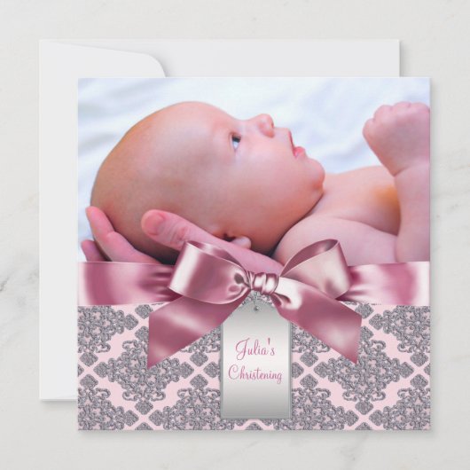Roze Damask Baby Meisje Foto Doop Kaart (Voorkant)