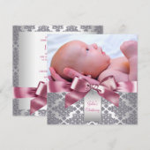 Roze Damask Baby Meisje Foto Doop Kaart (Voorkant / Achterkant)